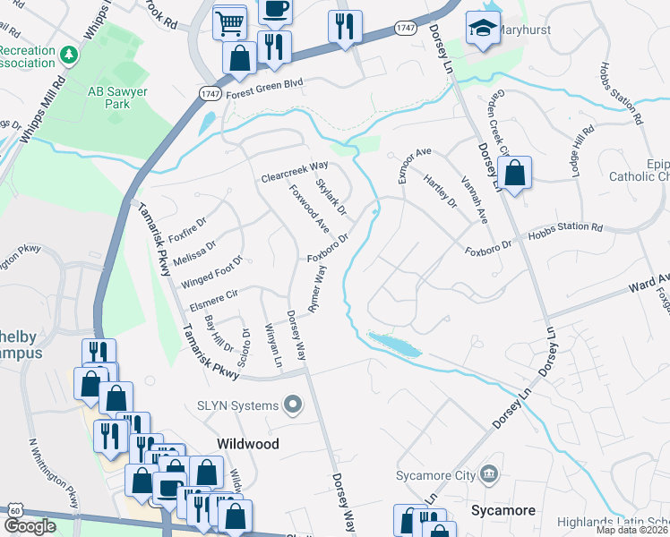 map of restaurants, bars, coffee shops, grocery stores, and more near 621 Rymer Way in Louisville