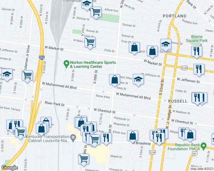 map of restaurants, bars, coffee shops, grocery stores, and more near 413 South 27th Street in Louisville