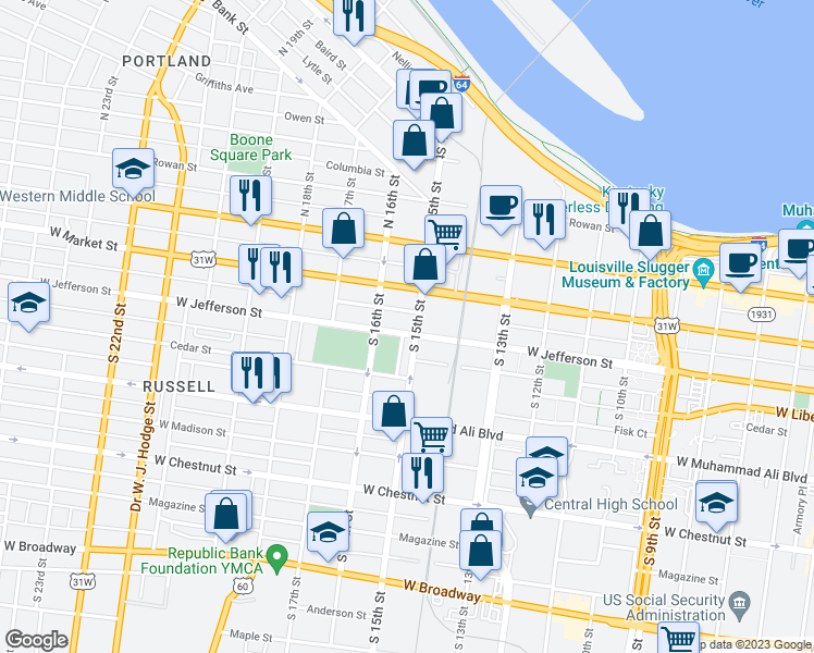 map of restaurants, bars, coffee shops, grocery stores, and more near 1507 West Jefferson Street in Louisville
