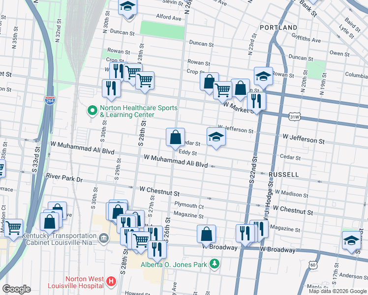 map of restaurants, bars, coffee shops, grocery stores, and more near 431 South 26th Street in Louisville