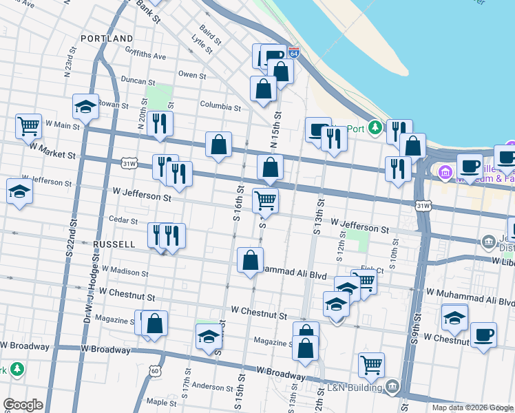 map of restaurants, bars, coffee shops, grocery stores, and more near 1513 West Jefferson Street in Louisville