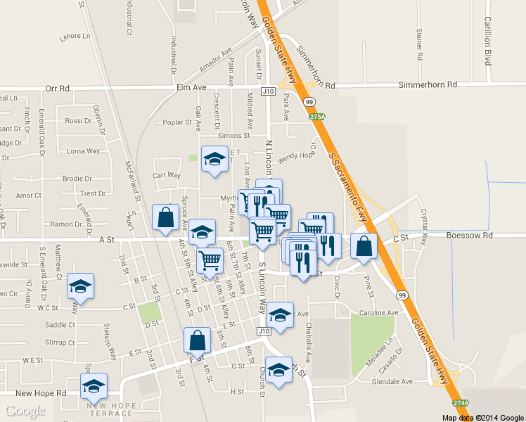 map of restaurants, bars, coffee shops, grocery stores, and more near 130 North Lincoln Way in Galt