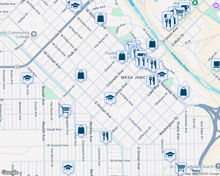 map of restaurants, bars, coffee shops, grocery stores, and more near 410 Colorado Avenue in Pueblo