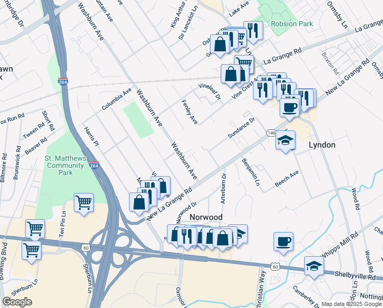 map of restaurants, bars, coffee shops, grocery stores, and more near 417 Washburn Avenue in Louisville