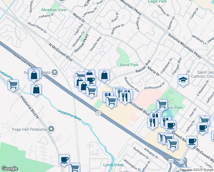 map of restaurants, bars, coffee shops, grocery stores, and more near 465 North McDowell Boulevard in Petaluma