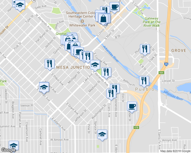 map of restaurants, bars, coffee shops, grocery stores, and more near 415 East Abriendo Avenue in Pueblo