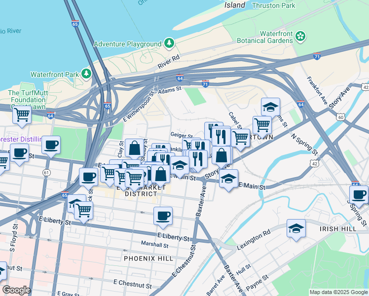 map of restaurants, bars, coffee shops, grocery stores, and more near 935 Franklin Street in Louisville