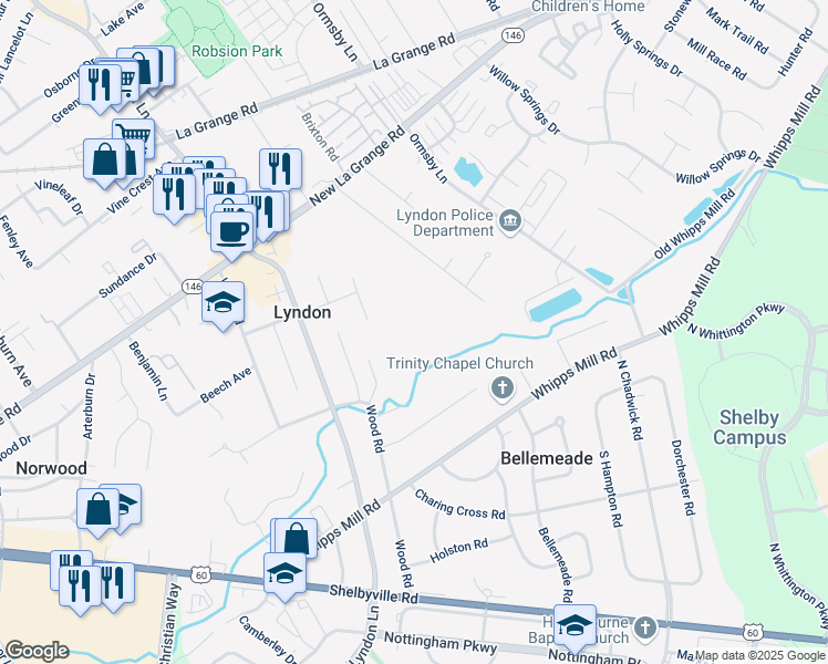 map of restaurants, bars, coffee shops, grocery stores, and more near 301 Myrtle Avenue in Lyndon
