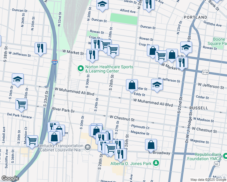 map of restaurants, bars, coffee shops, grocery stores, and more near 435 South 28th Street in Louisville