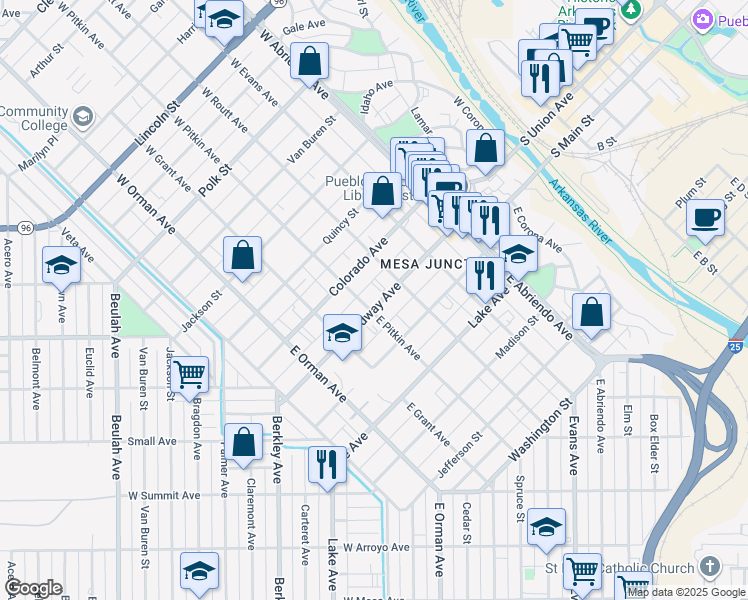 map of restaurants, bars, coffee shops, grocery stores, and more near 329 Broadway Avenue in Pueblo
