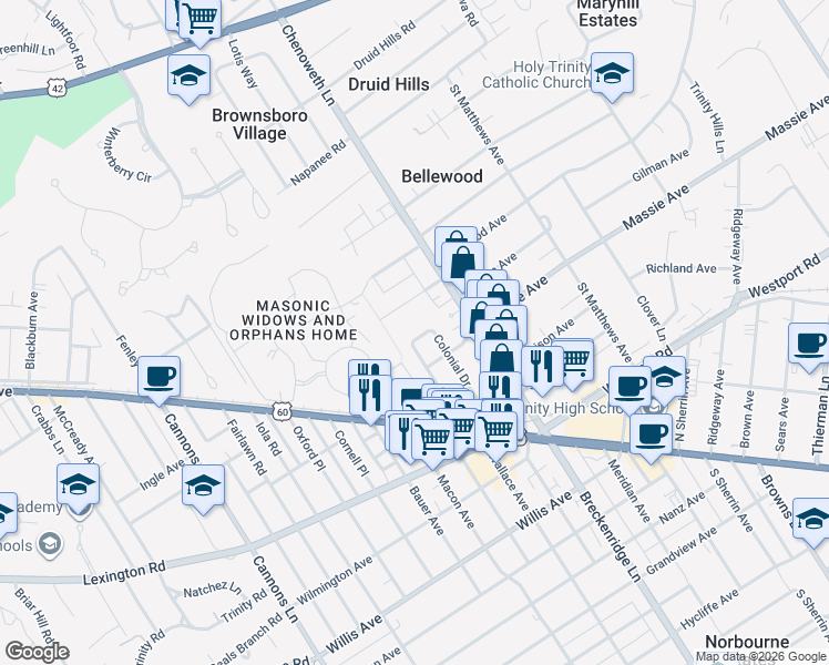 map of restaurants, bars, coffee shops, grocery stores, and more near 3805 Colonial Drive in Louisville