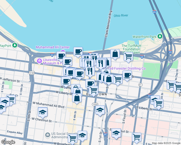 map of restaurants, bars, coffee shops, grocery stores, and more near 220 West Main Street in Louisville