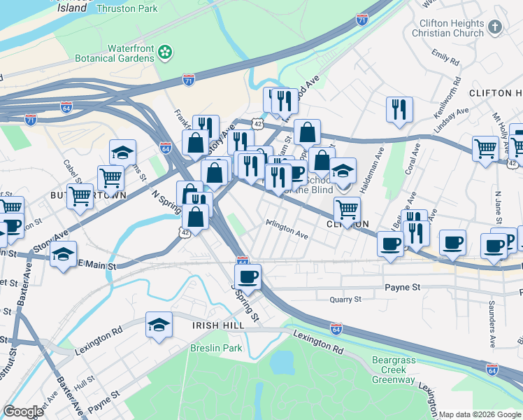 map of restaurants, bars, coffee shops, grocery stores, and more near 156 Pope Street in Louisville