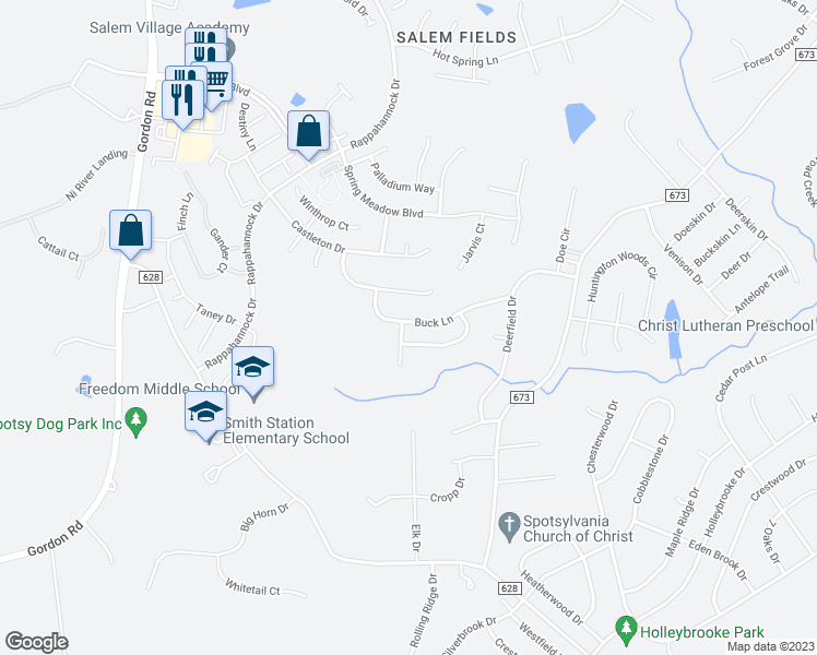 map of restaurants, bars, coffee shops, grocery stores, and more near 6830 Buck Lane in Fredericksburg