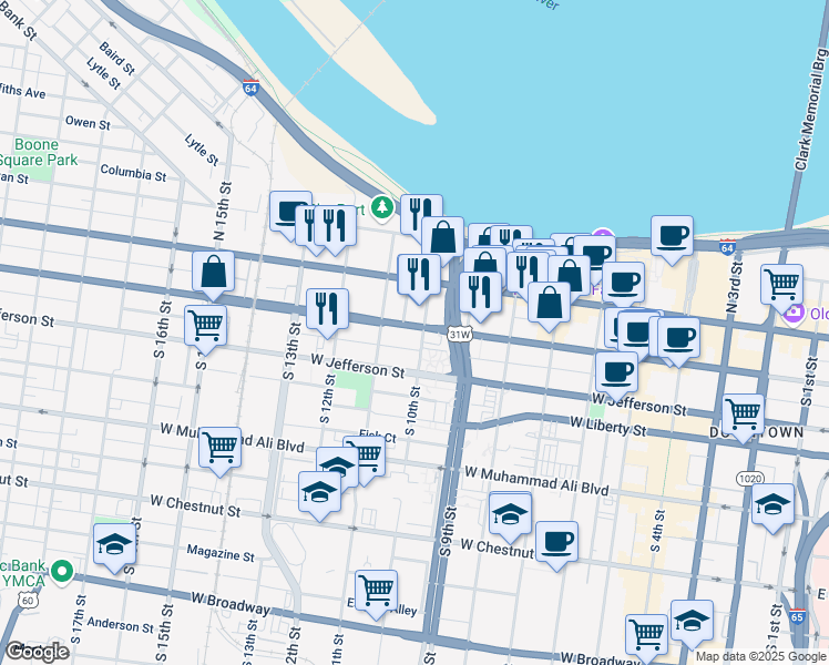 map of restaurants, bars, coffee shops, grocery stores, and more near 1000 West Market Street in Louisville