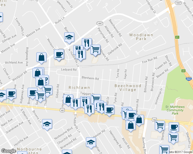 map of restaurants, bars, coffee shops, grocery stores, and more near 301 McArthur Drive in Louisville