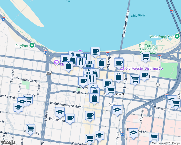 map of restaurants, bars, coffee shops, grocery stores, and more near 101 South 5th Street in Louisville