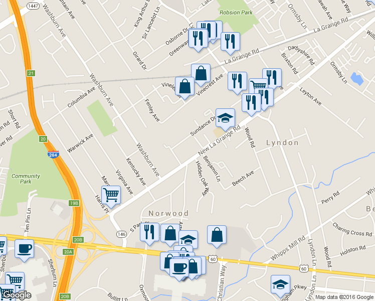 map of restaurants, bars, coffee shops, grocery stores, and more near 7803 New Lagrange Road in Louisville