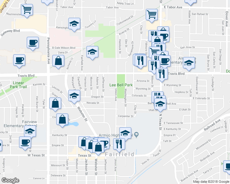 map of restaurants, bars, coffee shops, grocery stores, and more near 1401 Union Avenue in Fairfield