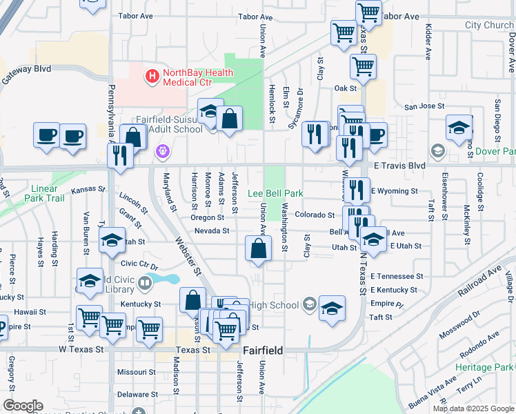 map of restaurants, bars, coffee shops, grocery stores, and more near 614 Oregon Street in Fairfield