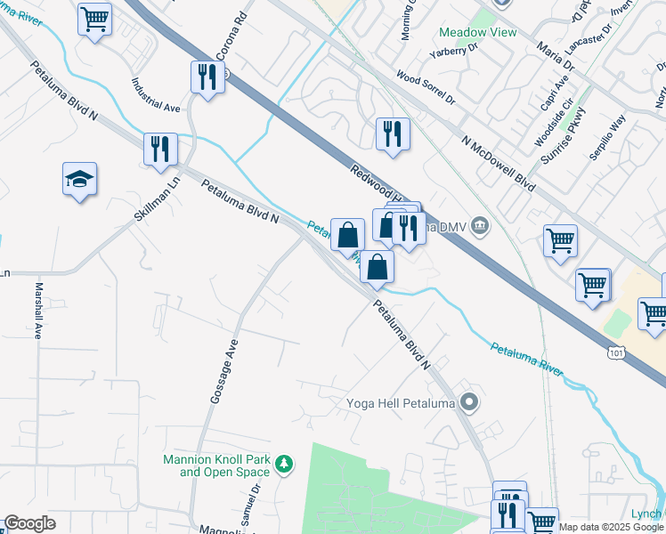 map of restaurants, bars, coffee shops, grocery stores, and more near 2595 Petaluma Boulevard North in Petaluma