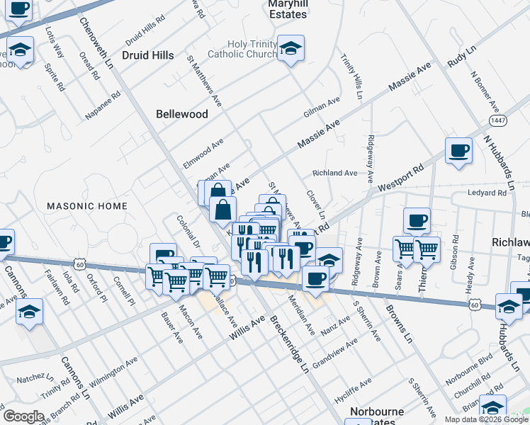 map of restaurants, bars, coffee shops, grocery stores, and more near 3930 Kennison Avenue in Louisville