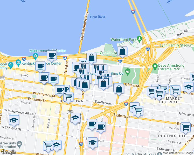 map of restaurants, bars, coffee shops, grocery stores, and more near 217 East Main Street in Louisville