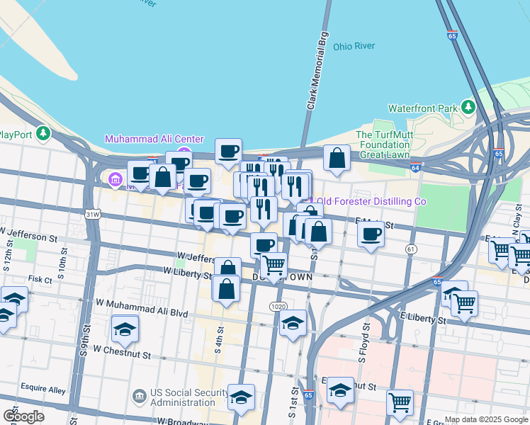 map of restaurants, bars, coffee shops, grocery stores, and more near 120 South 3rd Street in Louisville