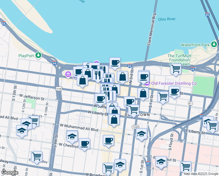 map of restaurants, bars, coffee shops, grocery stores, and more near 101 South 5th Street in Louisville