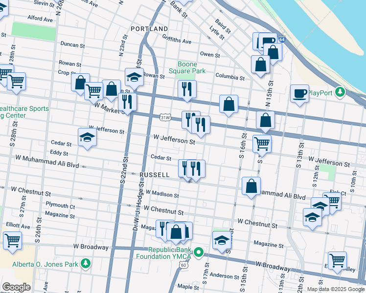 map of restaurants, bars, coffee shops, grocery stores, and more near in Louisville