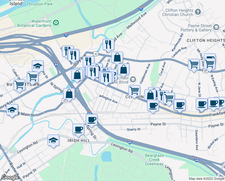 map of restaurants, bars, coffee shops, grocery stores, and more near 1824 Frankfort Avenue in Louisville