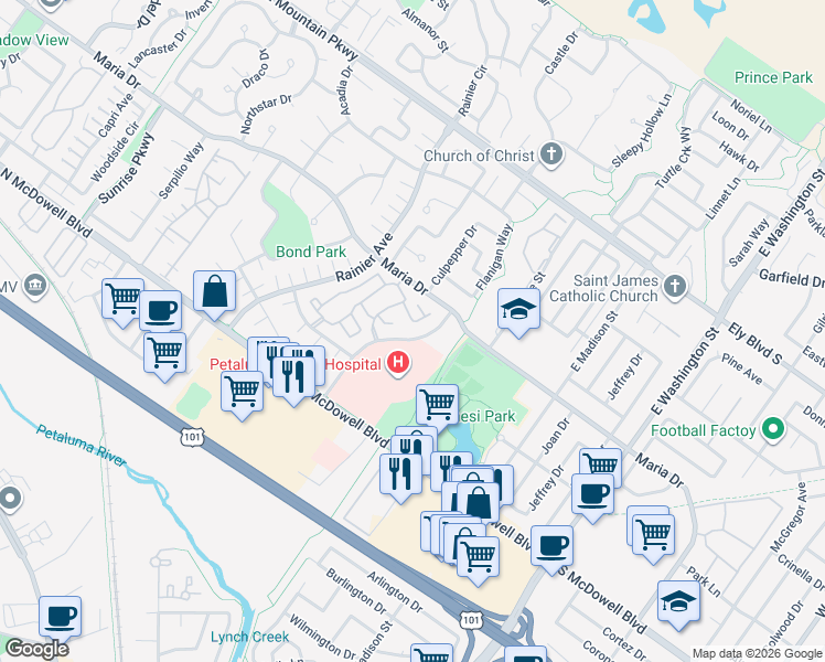 map of restaurants, bars, coffee shops, grocery stores, and more near 224 Park Place Drive in Petaluma