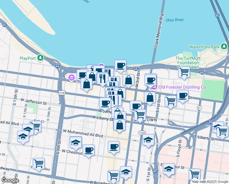 map of restaurants, bars, coffee shops, grocery stores, and more near 101 South 5th Street in Louisville
