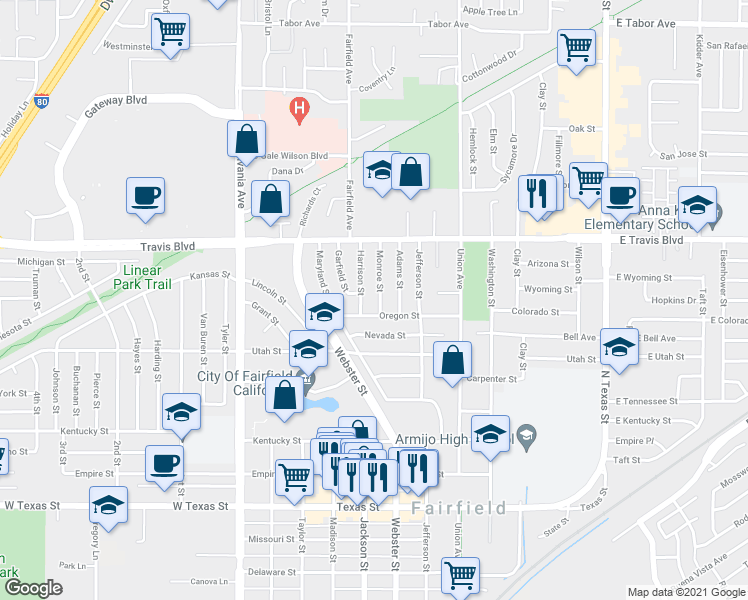 map of restaurants, bars, coffee shops, grocery stores, and more near 1325 Monroe Street in Fairfield