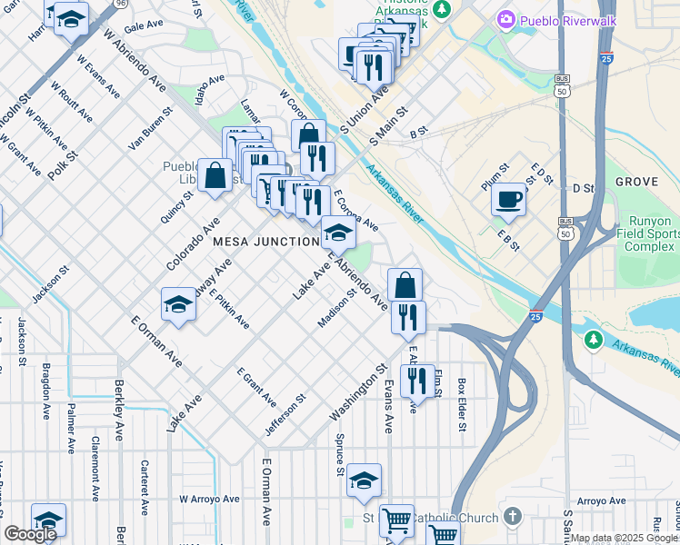 map of restaurants, bars, coffee shops, grocery stores, and more near 415 East Abriendo Avenue in Pueblo