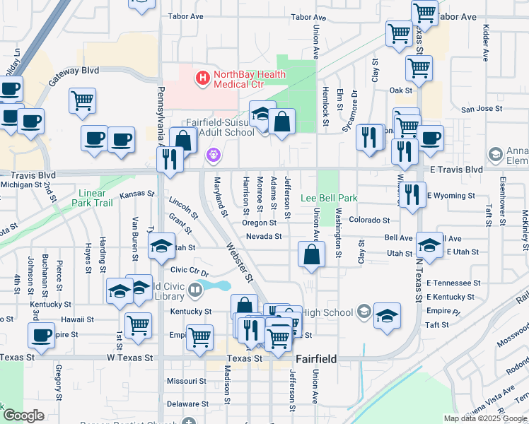 map of restaurants, bars, coffee shops, grocery stores, and more near 1324 Monroe Street in Fairfield