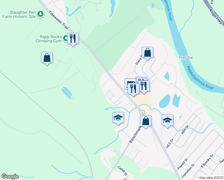 map of restaurants, bars, coffee shops, grocery stores, and more near 11009 Bevin Drive in Fredericksburg