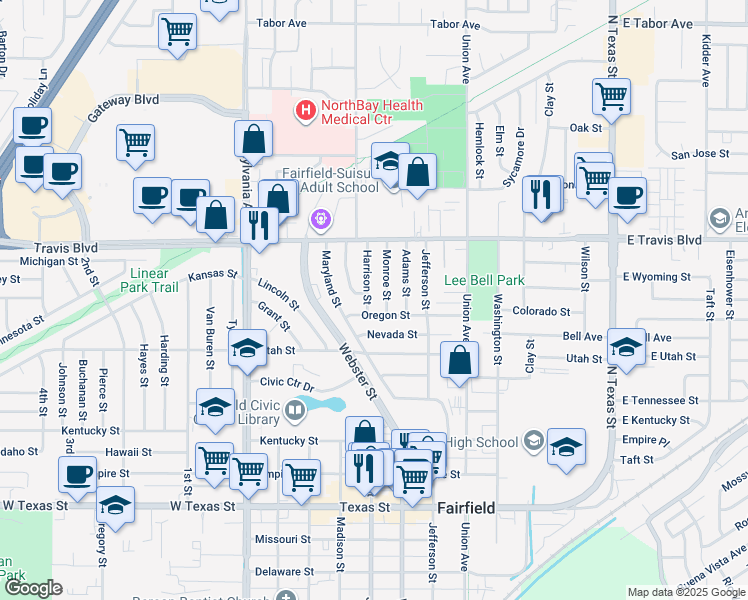 map of restaurants, bars, coffee shops, grocery stores, and more near 1324 Harrison Street in Fairfield