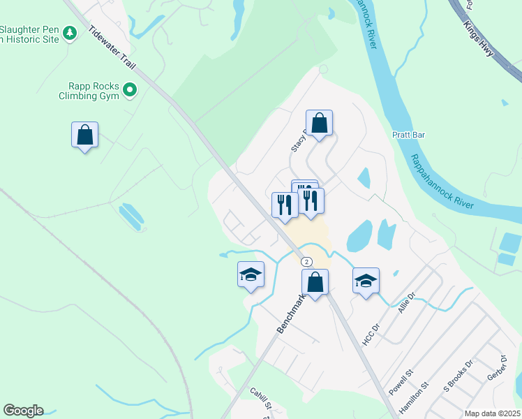 map of restaurants, bars, coffee shops, grocery stores, and more near 10871 Tidewater Trail in Fredericksburg