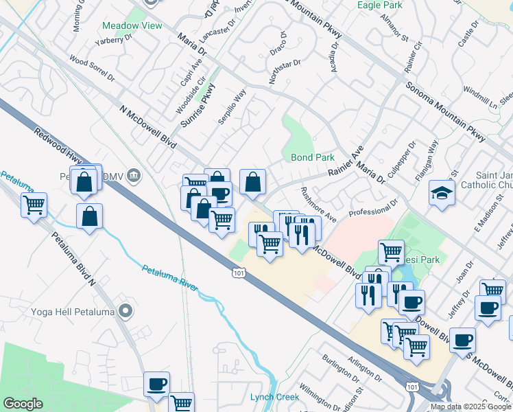map of restaurants, bars, coffee shops, grocery stores, and more near 465 North McDowell Boulevard in Petaluma