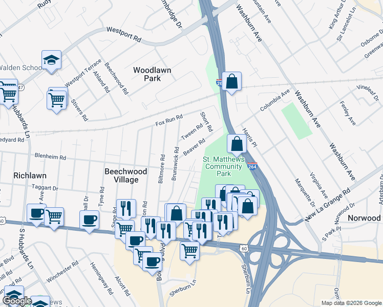 map of restaurants, bars, coffee shops, grocery stores, and more near 4611 Beaver Road in Louisville