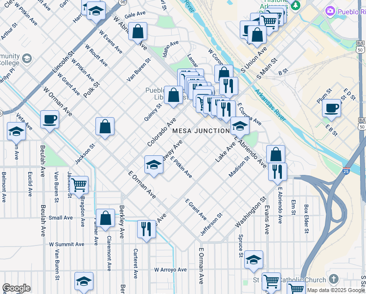 map of restaurants, bars, coffee shops, grocery stores, and more near 217 East Routt Avenue in Pueblo