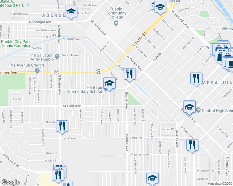 map of restaurants, bars, coffee shops, grocery stores, and more near 609 Euclid Avenue in Pueblo