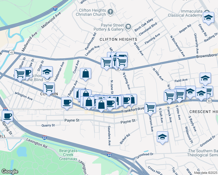 map of restaurants, bars, coffee shops, grocery stores, and more near 148 North Jane Street in Louisville