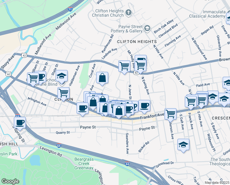 map of restaurants, bars, coffee shops, grocery stores, and more near 2141 Sycamore Avenue in Louisville