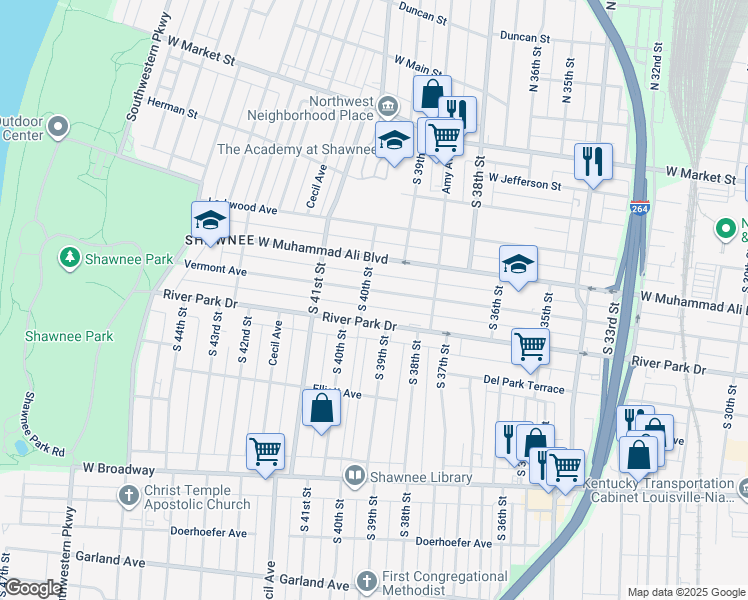 map of restaurants, bars, coffee shops, grocery stores, and more near 3914 Vermont Avenue in Louisville
