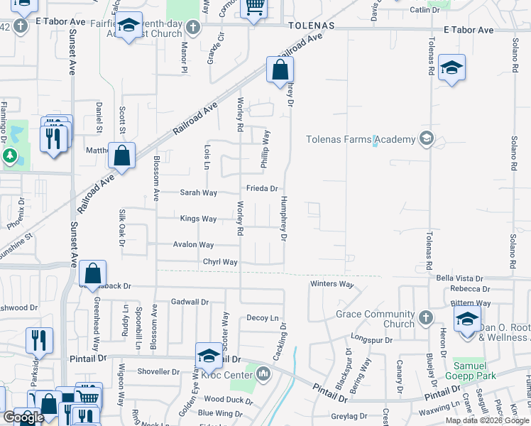map of restaurants, bars, coffee shops, grocery stores, and more near 1203 Michael Court in Suisun City