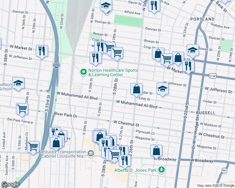 map of restaurants, bars, coffee shops, grocery stores, and more near 435 South 28th Street in Louisville