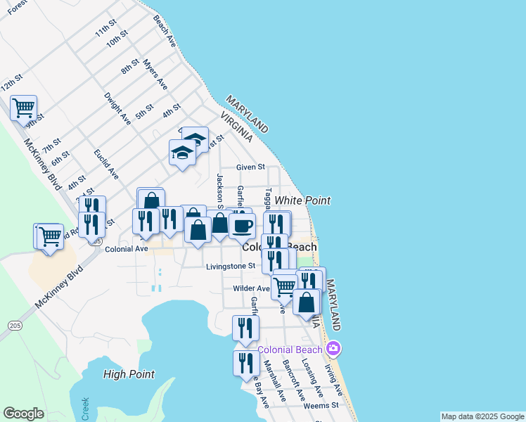 map of restaurants, bars, coffee shops, grocery stores, and more near 616 Taggart Street in Colonial Beach
