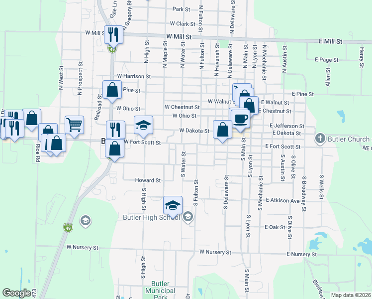 map of restaurants, bars, coffee shops, grocery stores, and more near 101 South Water Street in Butler